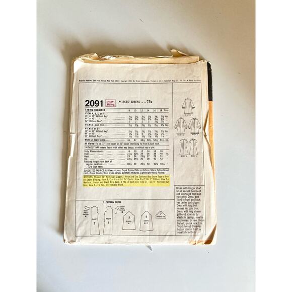 VTG 60's McCall's 2091 Sewing Pattern Size 10 Women's Dress Uncut - Picture 2 of 2